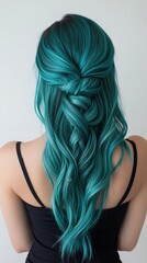 Naklejka premium A teal green hairstyle styled in a half-up braid for a modern vibe.