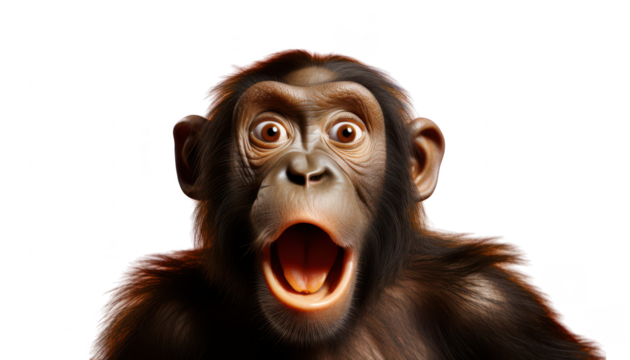 Close-up of a young chimpanzee with hands on its head, displaying a surprised and joyful expression.