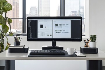 Obraz premium Modern Minimalist Workspace Setup with Computer and Accessories