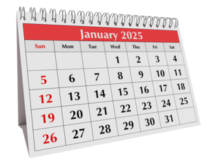 January 2025 calendar. Page of the annual business desk month winter calendar isolated on transparent png