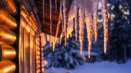 Sparkling icicles hanging from the eaves of a snowy cottage with a warm and inviting glow, warm glow, peaceful haven. Haven. Illustration