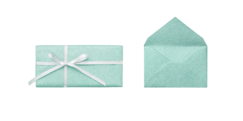 The clipping of the The clipping of the pale green gift with the ribbon of the silver with the lam and 
clipping of the closed pale green envelope	