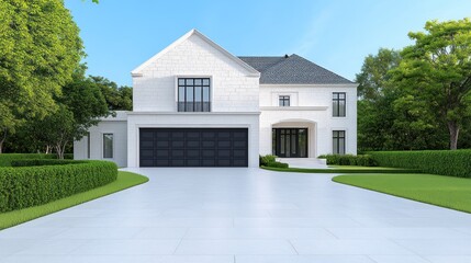 Fototapeta premium Modern white house with a spacious driveway and landscaped surroundings.