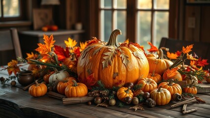 A rustic wooden table is adorned with a bountiful harvest of pumpkins, accented by vibrant fall leaves, creating a picturesque autumnal scene.