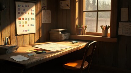 Cozy and Creative Workspace with Wooden Desk, Stationery, and Warm Natural Light Illuminating a Peaceful Ambience in a Rustic Setting