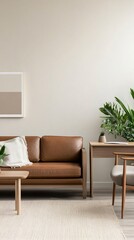 Stylish living room interior with brown sofa, plants and modern decor. Modern home design in neutral colors. Scandinavian style, contemporary style. Mocha mousse - color 2025