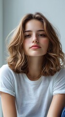Naklejka premium A shoulder-length light brown hairstyle with natural waves.