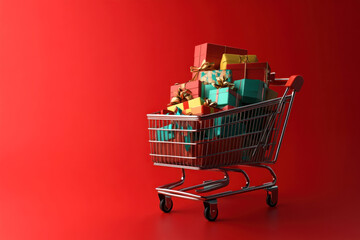Shopping cart full of colorful gift boxes on red background.