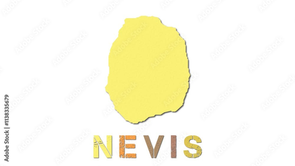 Poster nevis map with paper regions. animated island map growing from regions and title letters falling dow