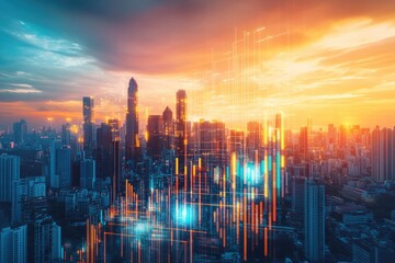 A vibrant cityscape at sunset overlaid with dynamic data visualizations, representing the intersection of urban development and technological advancements.