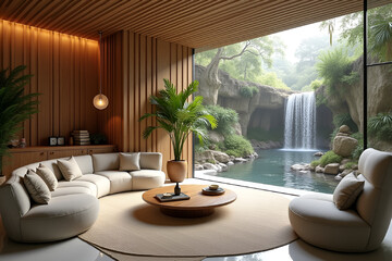 Obraz premium Modern Living Room with Waterfall View and Natural Wood Elements