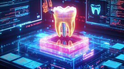 A glowing holographic image of a dental implant being placed in a 3D tooth model, surrounded by digital charts showing the restoration of oral health, bone integration, and gum care.