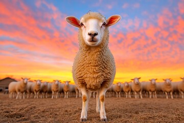 Obraz premium A shepherd counting ewes as they enter a corral, with a backdrop of a rustic farmhouse and a vibrant sunset