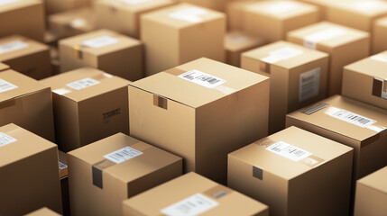 Fototapeta premium Stack of cardboard boxes with shipping labels in warehouse