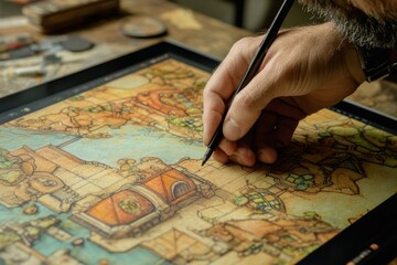 Digital Artist Creating Fantasy Map on Tablet