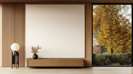 Minimalist Living Room Mockup:  A serene, minimalist living room with a blank canvas for your design ideas. The room features a wooden console, a floor lamp, and a vase with dried flowers.