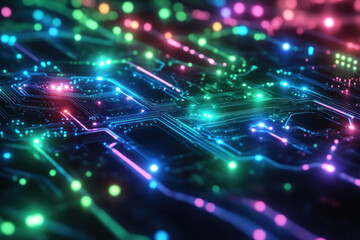 Naklejka premium Glowing neon lines on circuit board.