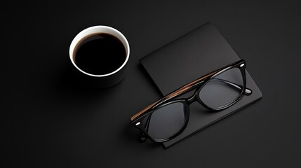 Minimalist Workspace:  A  stylish black-rimmed glasses, a sleek notebook, and a cup of coffee on a black desk. The scene is a perfect representation of a minimalist workspace. Minimalist, workspace.