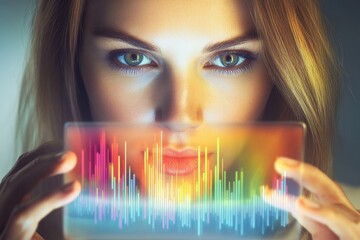 Woman gazes intently at a transparent device displaying vibrant, dynamic audio waveforms.