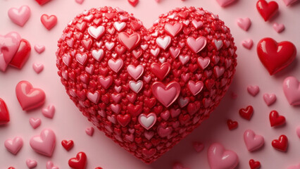 tiny 3d hearts on a big red heart.  many red & pink hearts. Greeting banner for love day with cute red bubble 3d effect levitation hearts. Valentine's Day concept.