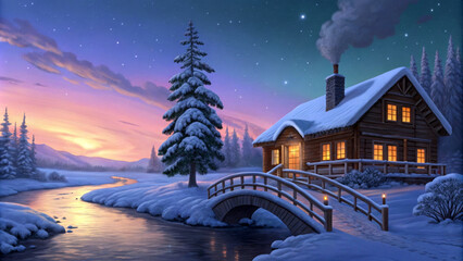 Fototapeta premium A cozy cabin with warm lights sits by a gently flowing river, surrounded by snow-covered trees under a starry sky. The pastel hues of a sunset or sunrise create a peaceful and inviting atmosphere.AI 
