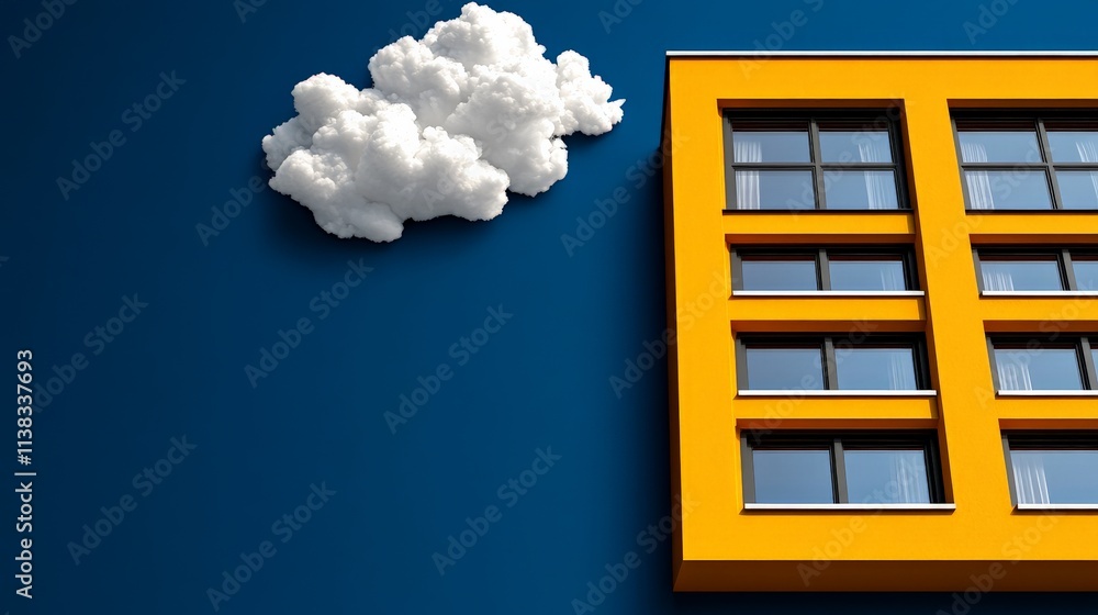 Poster yellow building window and cloud: a vibrant yellow building with a single window stands out against 