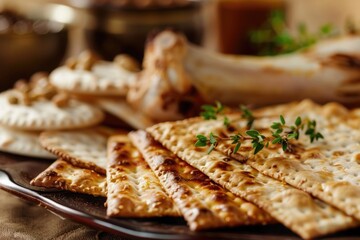 Close-up of crispy matzo bread on a rustic wooden plate, garnished with fresh thyme, symbolizing traditional Passover celebration