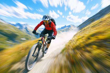 Mountain bikers racing down a scenic trail on a sunny day, experiencing the thrill of downhill cycling