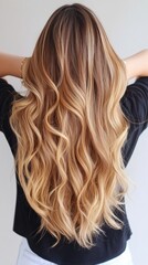 A honey blonde balayage with soft curls creating a warm, inviting look.