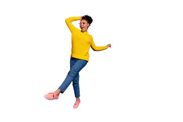 Full length body size view portrait of her she nice attractive lovely cheerful cheery carefree wavy-haired lady having fun time isolated over bright vivid shine violet background