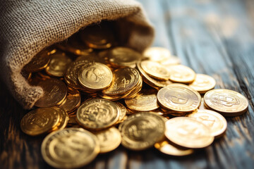 Gold coins spilling from burlap sack on wooden table.