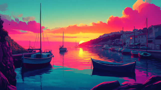 Harbor haven a peaceful harbor with boats gently rocking in the water loop animation video for lofi music lofi light. Haven. Illustration