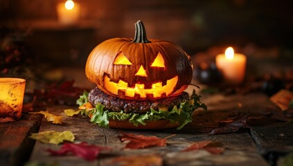 Spooky Halloween Burger: Jack-o'-lantern Pumpkin Burger