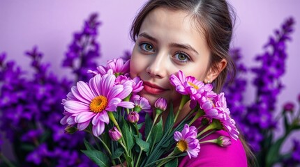 Smiling girl holding purple flowers against a lavender background.