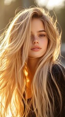 A golden balayage hairstyle with natural waves and sunlit tones.