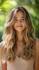 Naklejka premium A golden balayage hairstyle with natural waves and sunlit tones.