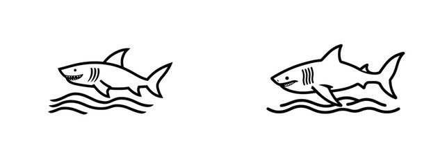 Fototapeta premium A modern illustration featuring a fierce shark emerging from stylized ocean waves, with sun rays in a bold design sketch engraving, created using a scratch board imitation in black and white.