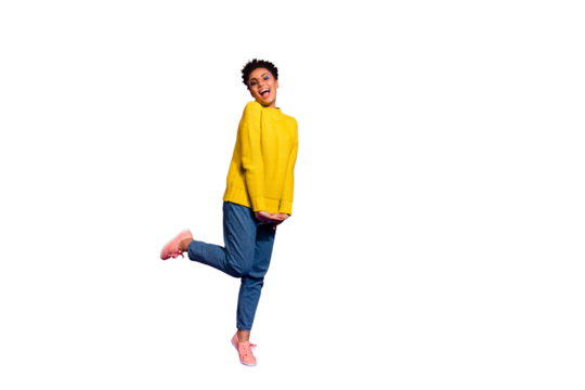 Full length body size view portrait of nice attractive winsome lovely cheerful cheery girlish funny wavy-haired lady having fun time isolated over bright vivid shine violet background