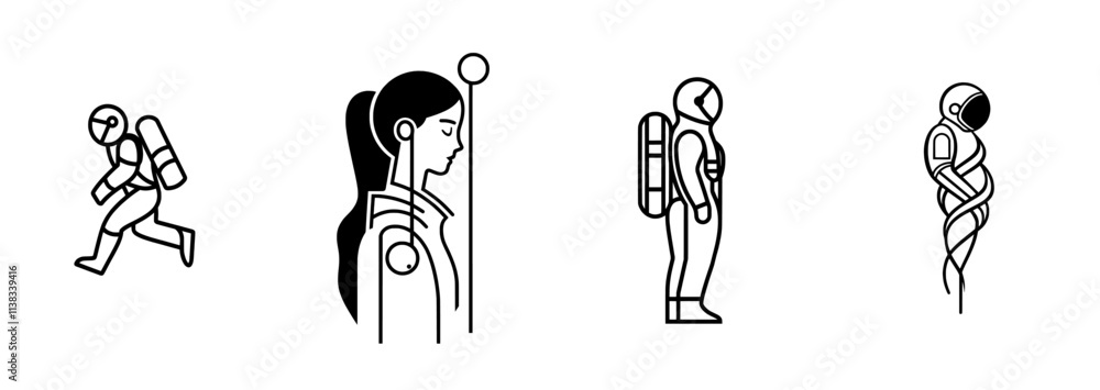 Poster a sketch engraving of a female astronaut in a spacesuit, featuring retro sci-fi aesthetics and theme