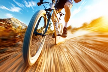 Naklejka premium Mountain bikers racing down a scenic trail on a sunny day, experiencing the thrill of downhill cycling
