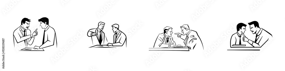 Poster a livid boss shouting at a composed employee, depicting a workplace conflict or confrontation, in a 