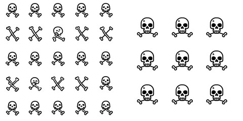 An Stock PNG illustration featuring a bold and edgy graphic design sketch of skull and crossbones symbols in various sizes, engraved in a scratch board style, in black and white.
