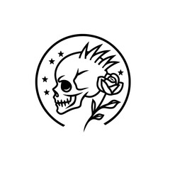 Obraz premium A generative AI PNG illustration in black and white, depicting a punk skull with a mohawk surrounded by roses and stars, blending gothic and rebellious themes, with an engraving style imitating