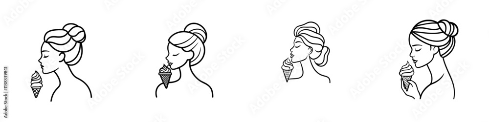 Poster a retro-style sketch of a pin-up woman enjoying an ice cream cone, featuring playful indulgence and 