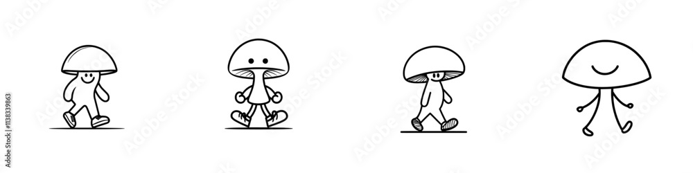Poster a cheerful cartoon mushroom character strolls with a joyful expression, symbolizing fun and positivi