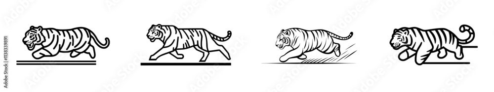 Poster a black and white sketch of a tiger running, created with intricate details using a woodcut engravin
