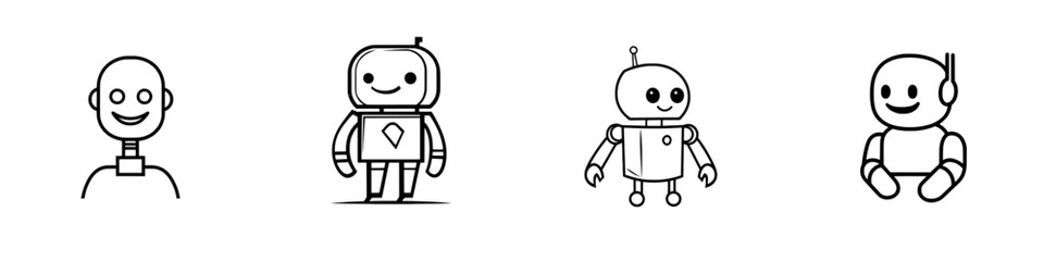 A vintage robot with a smile and big eyes, illustrated in a classic engraving style, created as a black and white PNG image, mimicking scratchboard art, generated by AI.