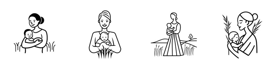 A serene scene of a smiling mother cradling her child in the tranquil countryside, capturing the essence of maternal love and rural life in a sketch engraving created with generative AI, presented as