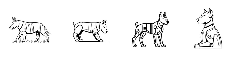 Fototapeta premium A futuristic design sketch of a robotic dog, showcasing detailed mechanical parts, gears, and circuits, in a black and white engraving style, created with generative AI as a PNG illustration,