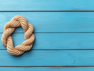 Obraz premium Nautical Rope on Blue Wood Background Maritime Theme